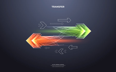 Abstract digital two left-right arrows with green and red color shapes in futuristic low poly style with doodle elements on a technology dark background. Data receive concept. Vector illustration.のイラスト素材