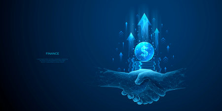 Increase Revenue and Successful Partnership Concepts. Handshake and Coin Stack with Growth Arrow Up on Technology Blue Background in Polygonal Digital Style. Low Poly Wireframe Vector Illustration.のイラスト素材
