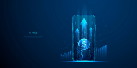 Increase Revenue. Business and finance concept. 3D money in light blue futuristic style on phone screen and growth graph chart. Digital technology background. Low poly wireframe vector illustration.のイラスト素材