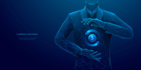 Abstract businessman holding a Currency Exchange Symbol in his hands on a dark blue background. Digital money transfer. Finance concept. Dollar coin and rotate double arrows. Vector illustration.のイラスト素材