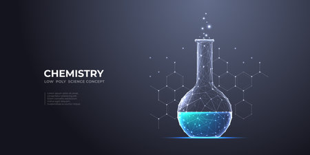 Abstract lab flask with blue liquid and chemistry molecule. Science and education concept. Polygonal laboratory glass test tube on dark background. Low poly wireframe vector illustration in technologyのイラスト素材