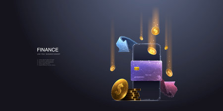 Money Cashback. Digital wallet and cash back. Abstract mobile phone, bank credit card. Circular arrows, and gold coins. Money transfer and payment. Polygonal colorful 3D wireframe vector illustration.のイラスト素材
