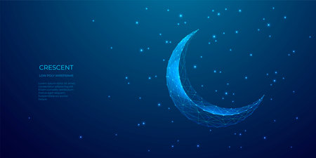 Abstract digital Ramadan moon on night starry sky background. Blue technology crescent consists of connected glowing dots and thin lines. Islamic moon. Holy Aid. Low poly wireframe vector illustrationのイラスト素材