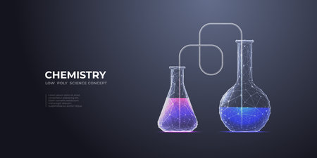 Laboratory abstract flask with neon-colorful liquid. Digital lab background. Science and chemistry concept. Test tubes or glass beakers on a technology-dark background. Vector 3D illustration.のイラスト素材