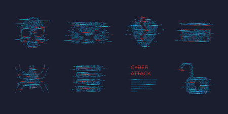 Fraud icons. Abstract digital hacker icon set in futuristic glowing dots style. Skull, bag, unlock,...