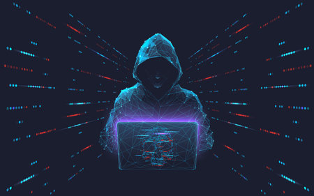 Cyber hacker attack concept. Abstract digital hacker man with a laptop and data server room. Database security. DDoS attack concept. Cyber security. Vector 3D illustration. Internet criminal and fraudのイラスト素材