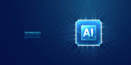 Ai chip top view on technology blue background. Light blue AI microchip with abstract circuit board on bg. Artificial Intelligence concept. Polygonal CPU or semiconductor. Digital vector illustration.のイラスト素材