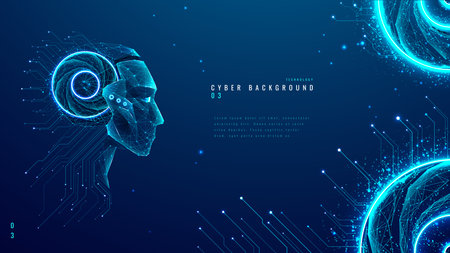 AI humanoid robot in light neon blue on a technology background. Chatbot or AI concept. Artificial intelligence cyborg face with circuit, quantum processor or chip inside a head. Vector illustration.のイラスト素材
