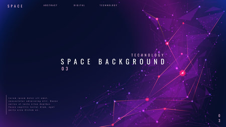 Purple space background with polygonal or plexus abstarct objects. Universe or Galaxy bg. Technology starry sky with connected dots, lines, and polygons. Low poly wireframe vector illustration.のイラスト素材