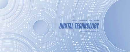 Abstract elegant white technology background with circle circuit wires on a futuristic motherboard. Contemporary banner for web presentation. Digital vector illustration on light tech bg. AI concept.のイラスト素材