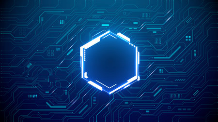 Technology quantum blue AI portal on circuit motherboard with thin line glowing wires. Tech background. Chip concept. Abstract light neon hexagon frame HUD. Computer digital bg. Vector illustrationのイラスト素材