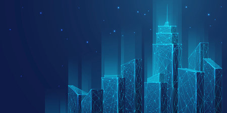 Futuristic city landscape background blue. Low poly wireframe night buildings with glowing effect. Abstract tech smart cityscape background. Innovation skyscrapers and offices. Vector illustration.のイラスト素材
