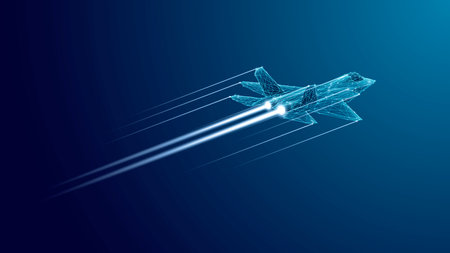 Fighter jet with speed light line. Supersonic digital jet fighter in futuristic wireframe style. Technology military airplane hologram. High-speed innovations concept. Abstract aircraft background.のイラスト素材