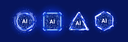 Neon AI portals. Abstract set of neon light blue portals or AI HUD futuristic tech frames. Technology dark background. Game design, or UI and UX interface elements. Digital vector illustration.のイラスト素材