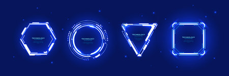 Digital neon HUD frames in futuristic geometric forms. Bright lightning portals with text. Game UX design elements. Futuristic technology cyberpunk set. Hexagon frame, circle HUD, square, and triangleのイラスト素材