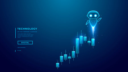 AI agent robot flying above financial chart. Futuristic fintech assistant bot helping with investment and analytics. Digital finance, trading, and AI-powered market solutions. Tech vector illustrationのイラスト素材