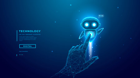 Technology Human Digital Hand Are Touching On Abstract AI Agent Mascot or Flying Cute Robot. Futuristic chatbot on Dark Blue Tech Background. Power On Innovation. Vector Illustration.のイラスト素材