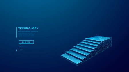 Digital staircase in low poly wireframe style. Career growth metaphor. Mission, vision, and strategy concept. Leadership technology background. Business and tech bg. Abstract vector illustration.のイラスト素材