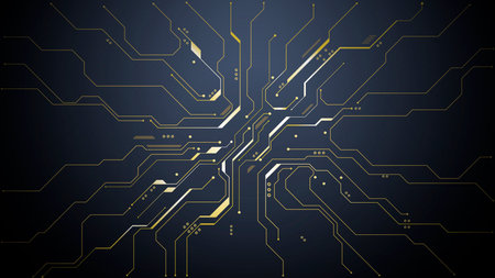 Intricate golden motherboard pattern on dark backdrop, futuristic AI technology concept with digital...