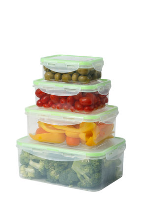 Food inside plastic containers isolated on white backgroundの写真素材