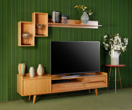 TV on the cabinet in the living roomの写真素材