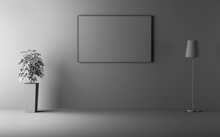 Interior of living room with black wall mockup, 3d renderの写真素材