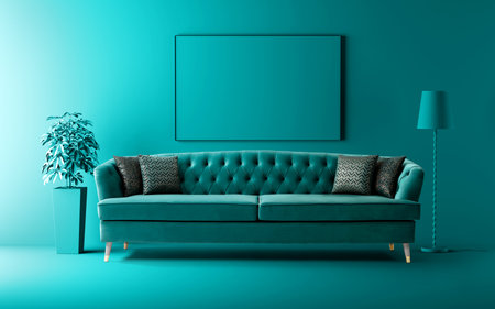 Interior of modern living room with green sofa and blue wall. 3d renderの写真素材