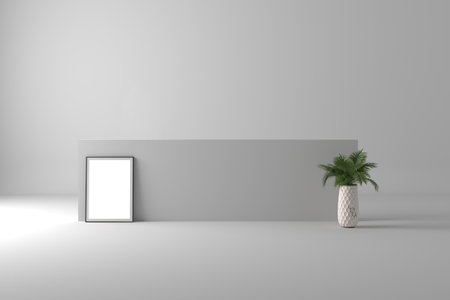Blank exhibition stand with palm tree on white wall. 3D rendering