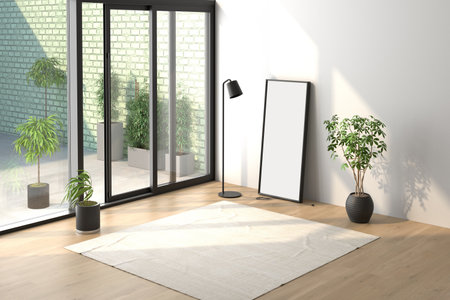 interior with large window, carpet and plant, 3d render