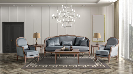Interior of the living room with a gray sofa. 3D illustration