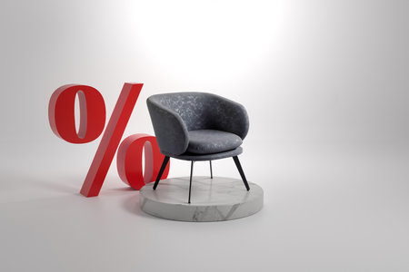 3d render of armchair with percent sign on a white backgroundの写真素材