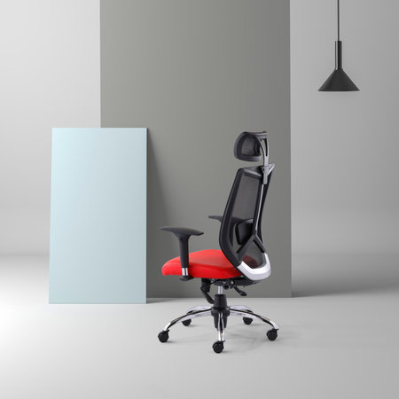 Modern office chair with blue and gray walls. 3d render . Minimal interior with office chairの写真素材