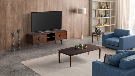 3D render tv room , sofa , coffee table and tv table set in modern decorationの写真素材