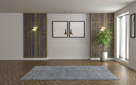 3D render Modern interiors empty room .plant vase. floor parquet. photo frameの写真素材