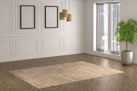 3D render Modern interiors empty room .plant vase. floor parquet. photo frameの写真素材