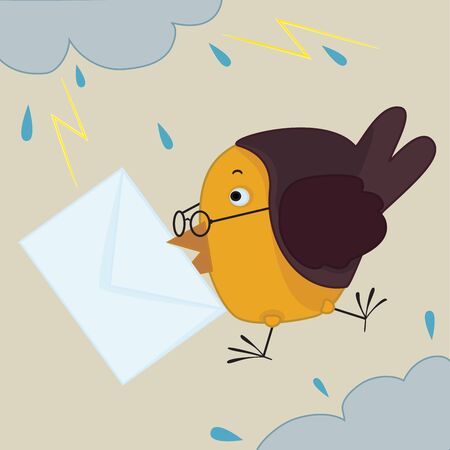 bird with envelope in it s beak flying among clouds and lightningsのイラスト素材