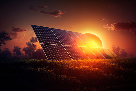 solar energy panels in the field at sunset. 3d renderingの素材