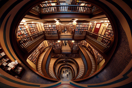 Inside of the library with many bookshelves. 3d renderingの素材