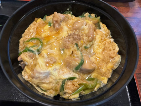 Japanese style omelet with pork and vegetables in a black bowlの写真素材