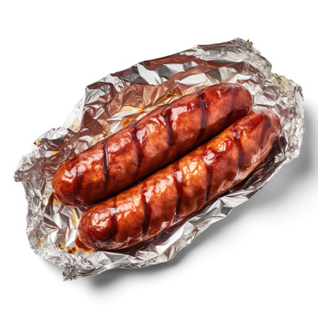 Baked Sausage on foil paper isolated on a white backgroundの写真素材