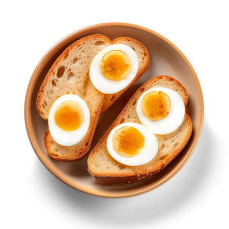 Boiled Eggs with Toast Slices in a ceramic bowl isolated on a white background