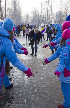 The Park of the Universiade 2019. Volunteers Of The Universiade.のeditorial素材