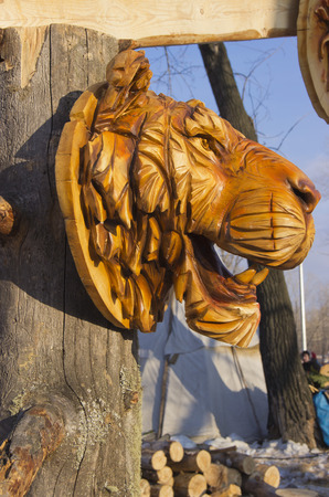 The Park of the Universiade 2019. The scenery of the Park. Wooden mask of a tiger.のeditorial素材