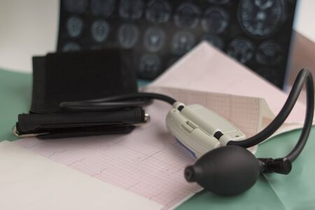 medical tonometer on the background of magnetic resonance imaging cardの写真素材