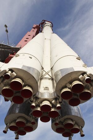 Russia, Moscow, October 2019: Spaceship Vostok monument to the first Soviet rocket shown at VDNH....