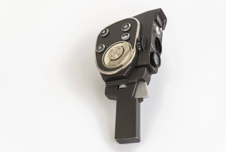 Russia, Krasnoyarsk, December 2019: Soviet cinema camera quartz 2M on white background.
