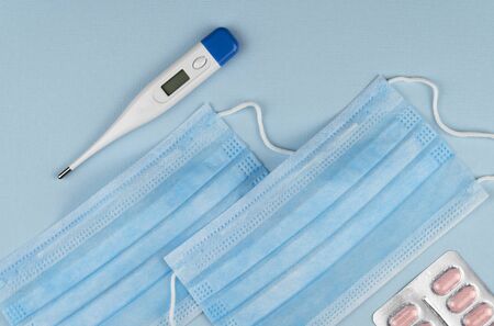 stop global epidemic of COVID-19. Coronavirus prevention surgical masks. Medical respiratory bandage...