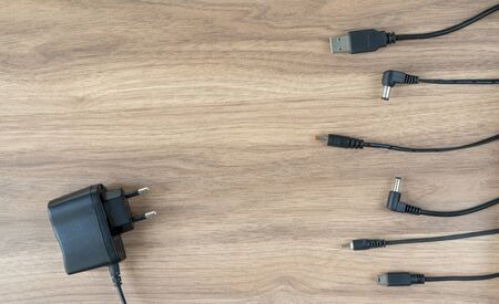 electrical adapter and various connectors. conducting tests and electrical measurements. flat layout, copy spaceの写真素材