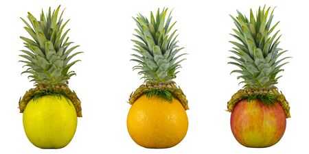 funny fruits, creative food concept. Pineapple hat on apple and orange. basis for drawing a fun...