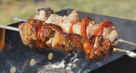 juicy and delicious shish kebab is fried on coals